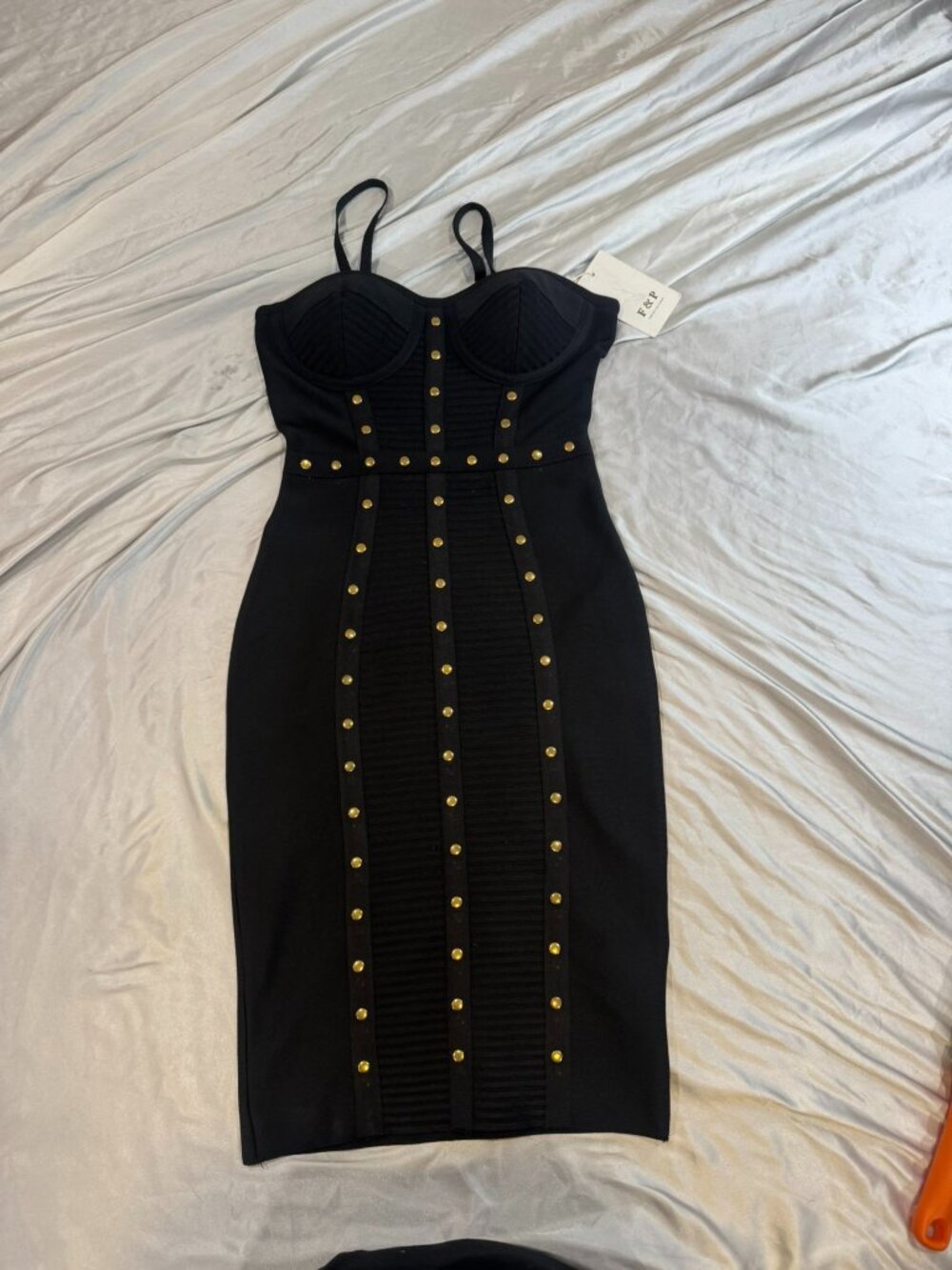 NWT F&P Paris Black and Gold Studded Bandage Midi Dress Size Small